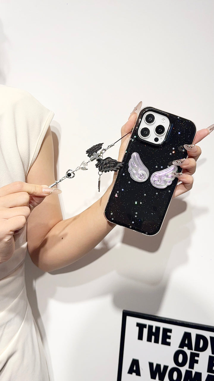 Midnight Angel Wings iPhone Case – Black Glitter Galaxy Design with Gothic Charm