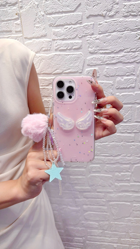 Angel Wings Pink iPhone Case – Glitter Star Design with Furry Pom-Pom & Star Charm