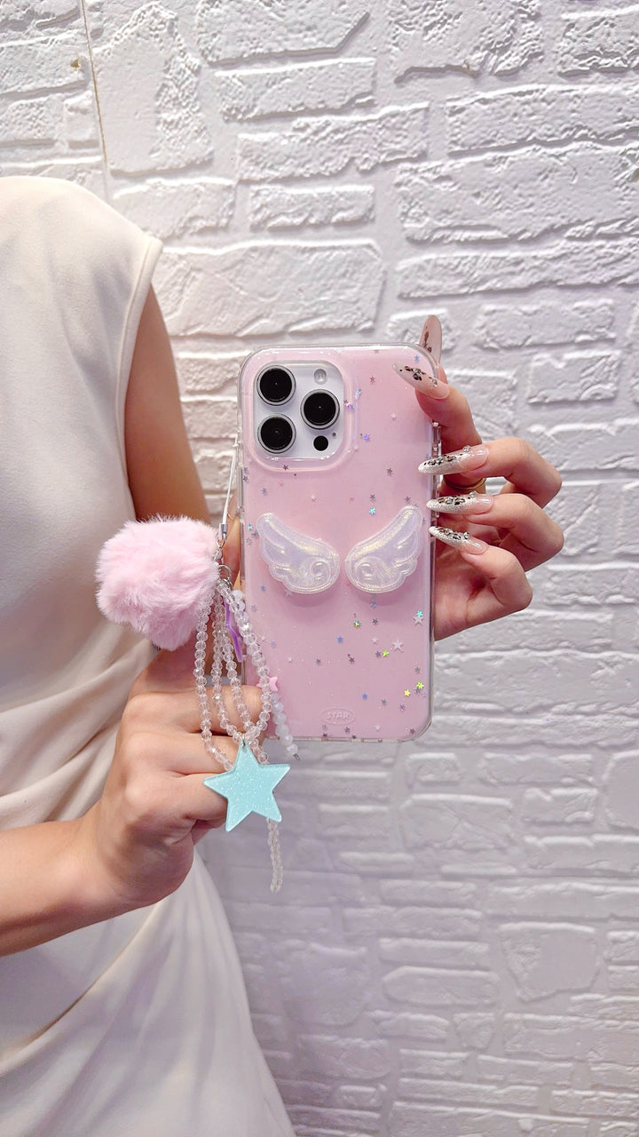 Angel Wings Pink iPhone Case – Glitter Star Design with Furry Pom-Pom & Star Charm