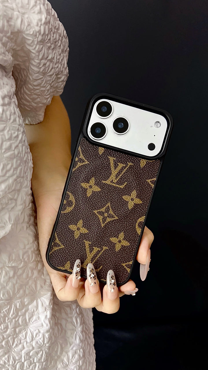 Luxury Monogram Leather iPhone Case – Elegant Brown Pattern with Premium Box