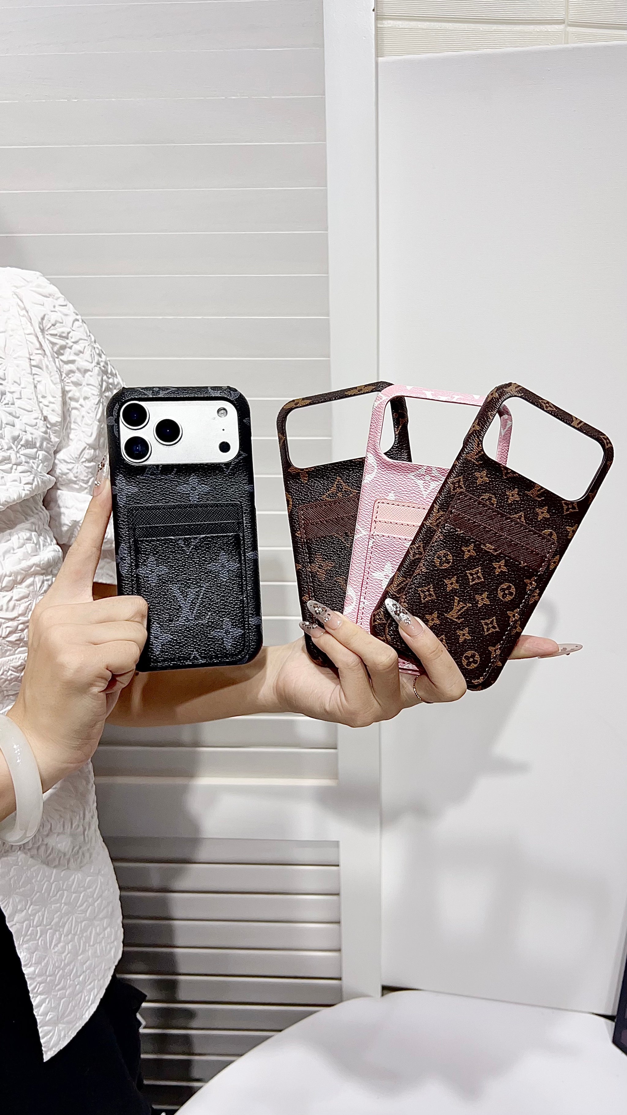 Premium Leather Wallet iPhone Case – Elegant Monogram Design with Card Holder