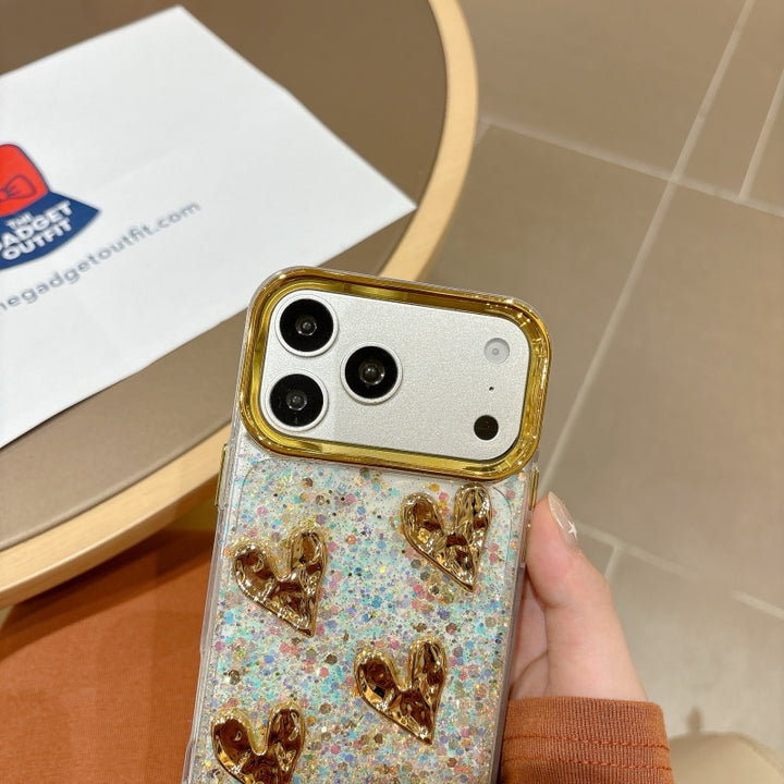 Golden Heart Glitter Phone Case – Cute Shiny Cover for Everyday Style