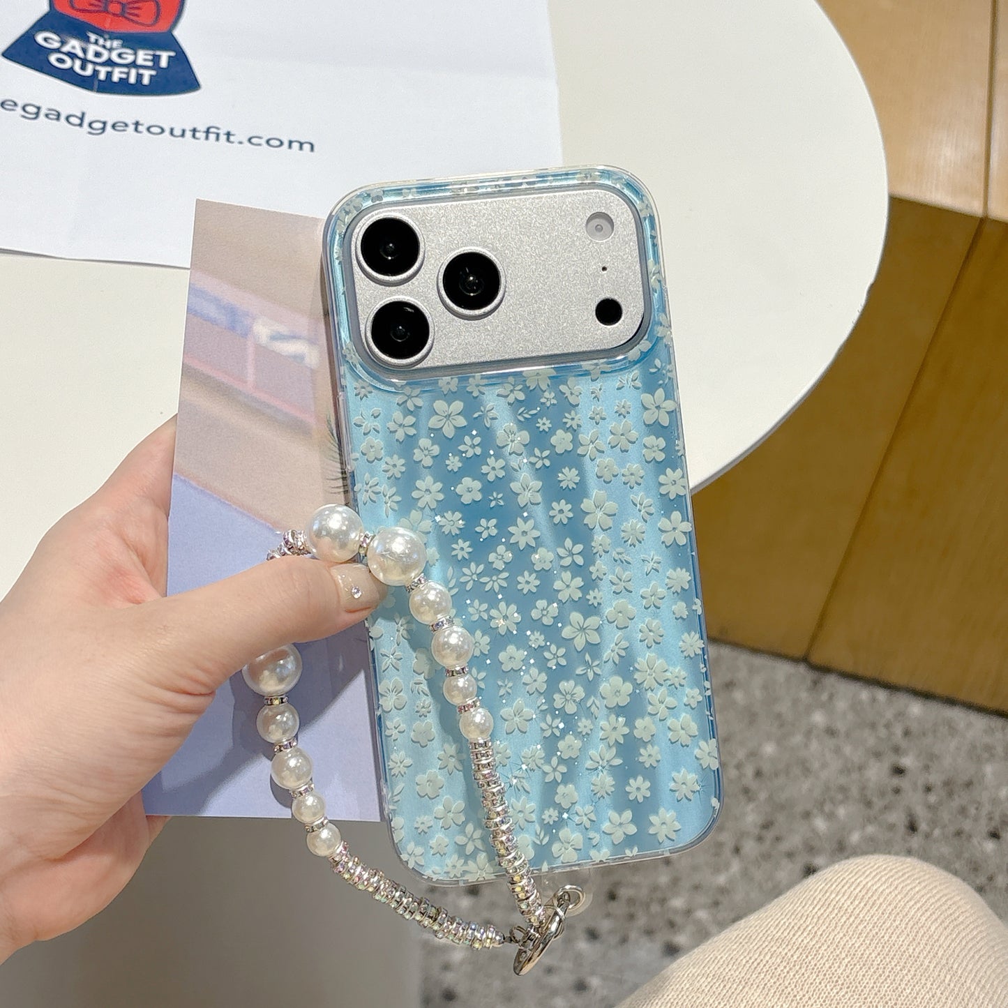 Blue Blossom Pearl Strap iPhone Case – Cute Floral Phone Cover