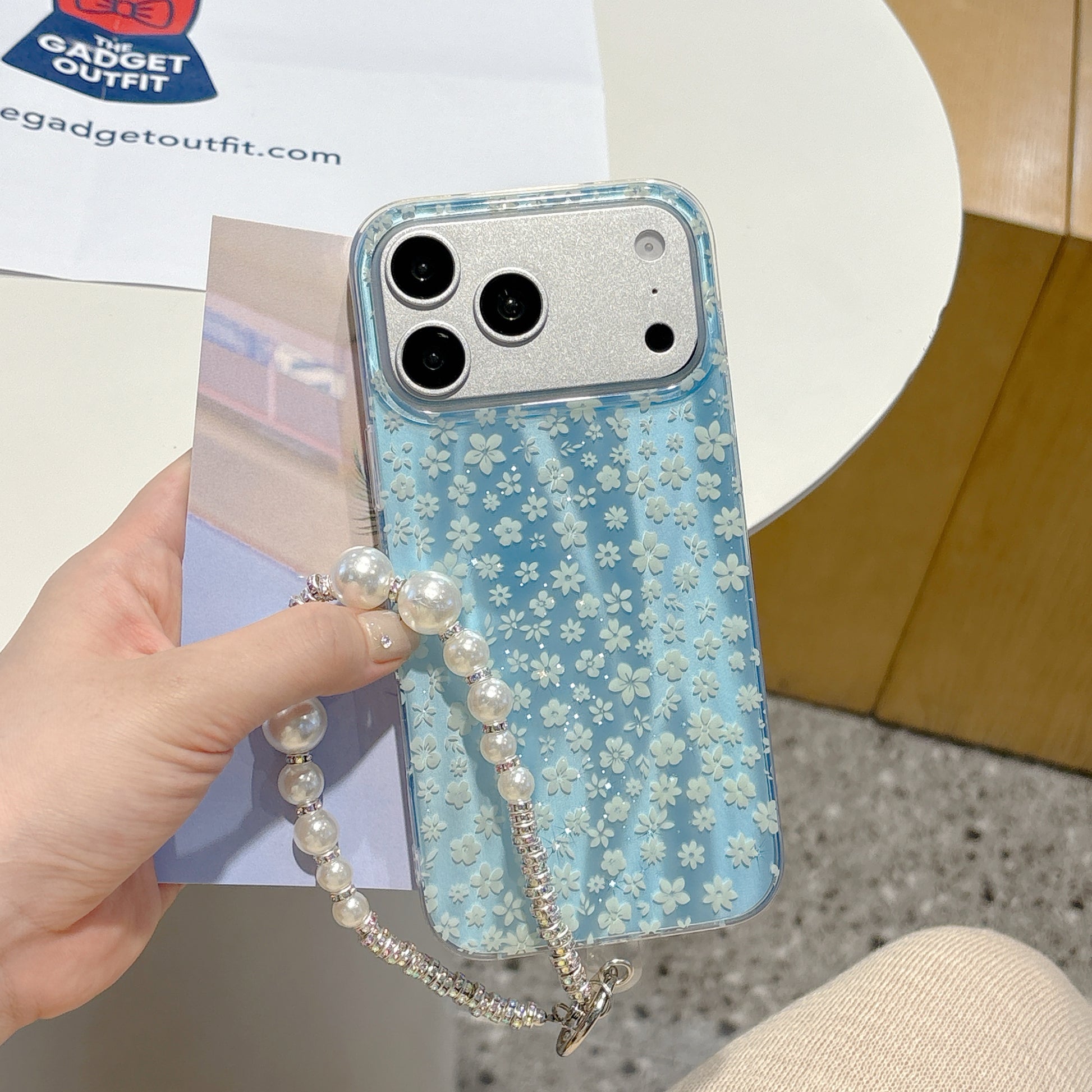 Blue Blossom Pearl Strap iPhone Case – Cute Floral Phone Cover