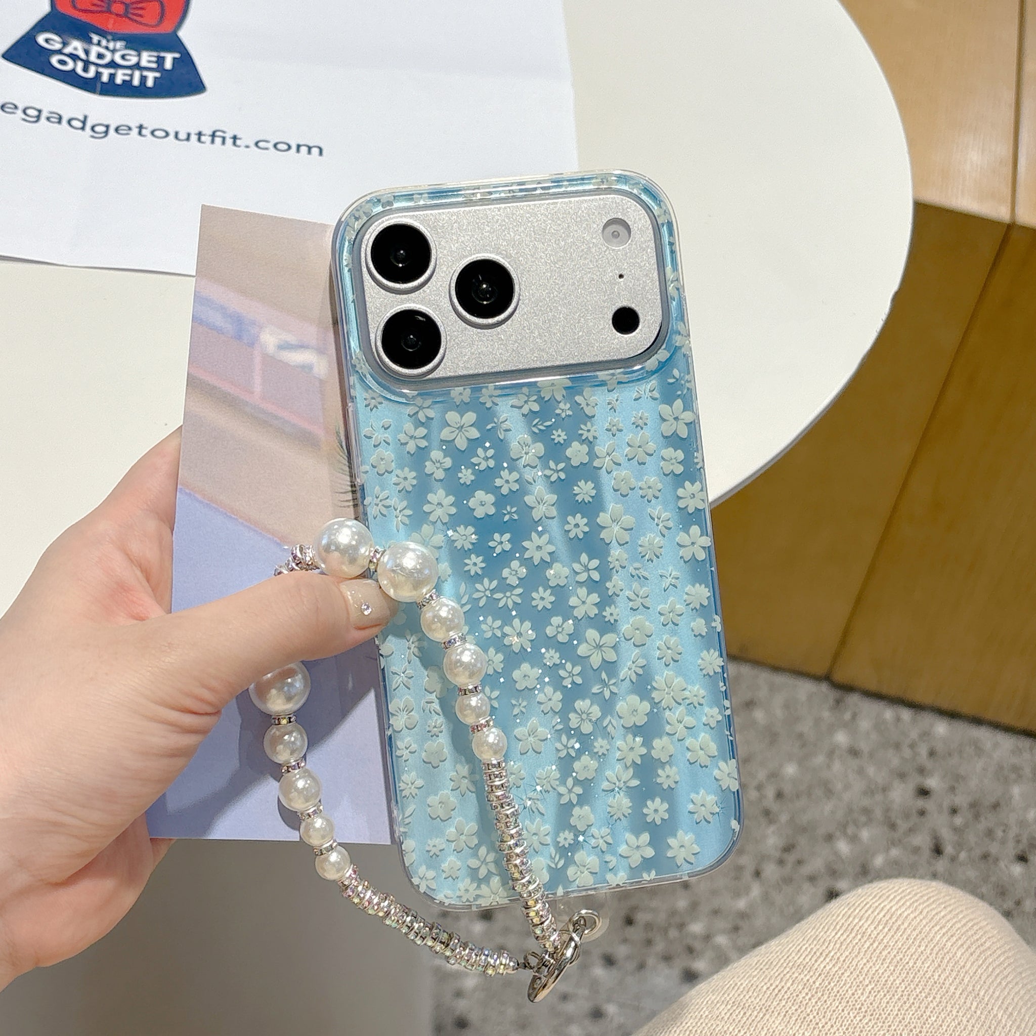 Blue Blossom Pearl Strap iPhone Case – Cute Floral Phone Cover