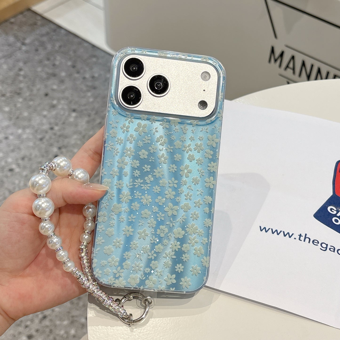 Blue Blossom Pearl Strap iPhone Case – Cute Floral Phone Cover