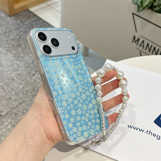 Blue Blossom Pearl Strap iPhone Case – Cute Floral Phone Cover