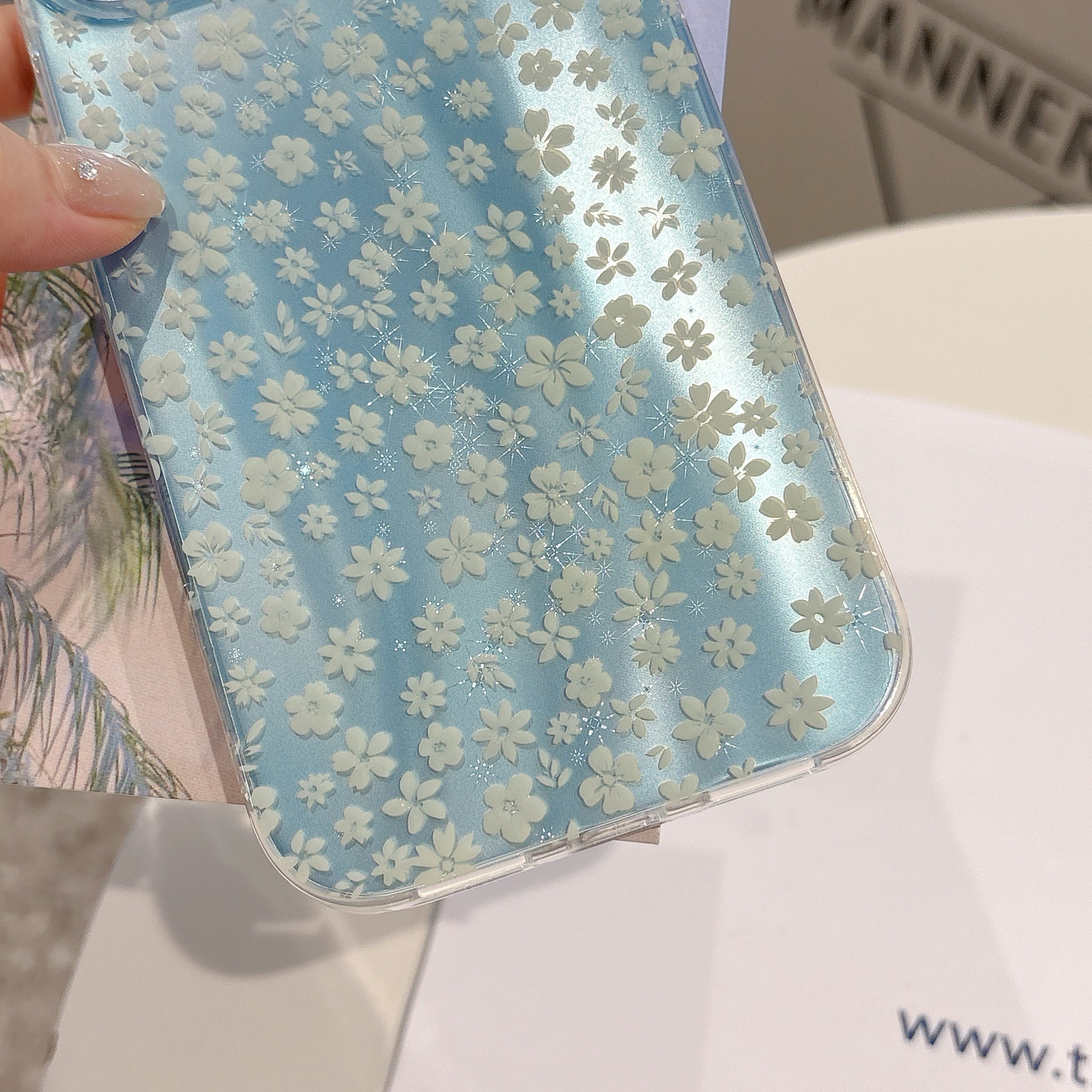 Blue Blossom Pearl Strap iPhone Case – Cute Floral Phone Cover