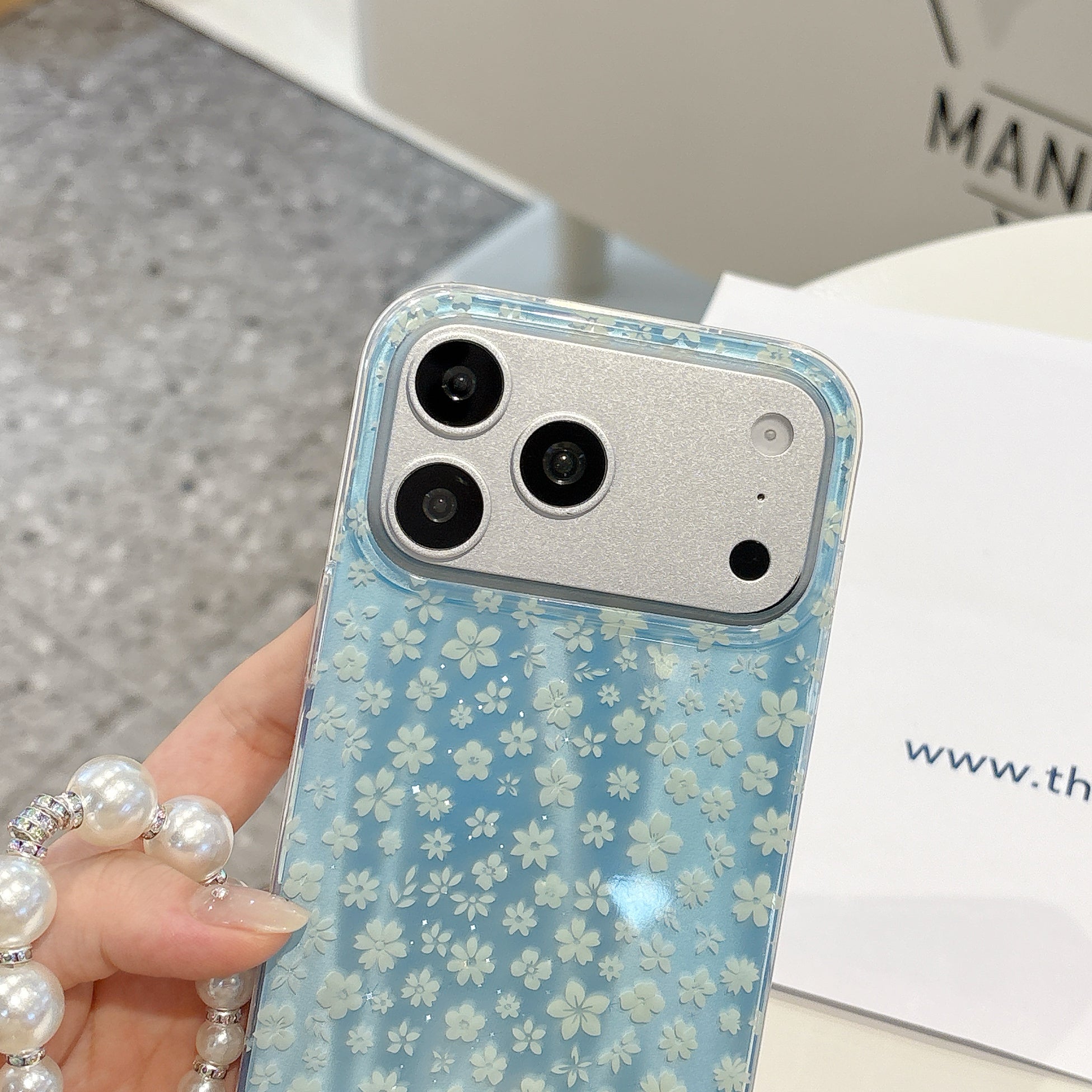 Blue Blossom Pearl Strap iPhone Case – Cute Floral Phone Cover