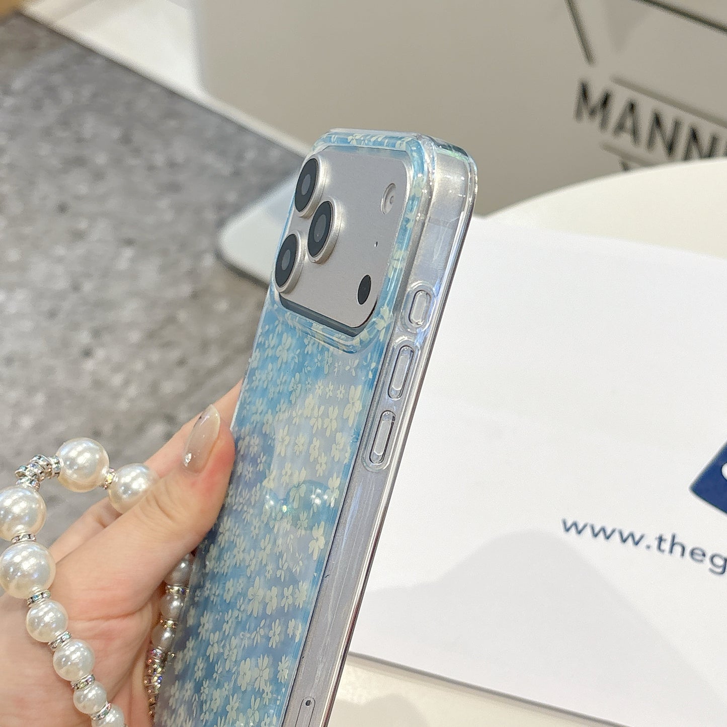 Blue Blossom Pearl Strap iPhone Case – Cute Floral Phone Cover