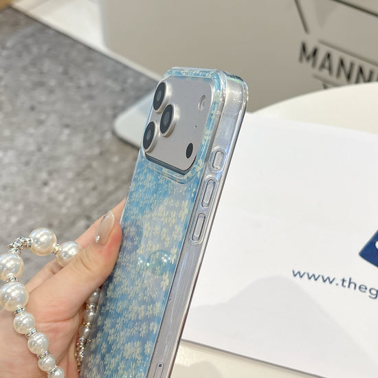 Blue Blossom Pearl Strap iPhone Case – Cute Floral Phone Cover