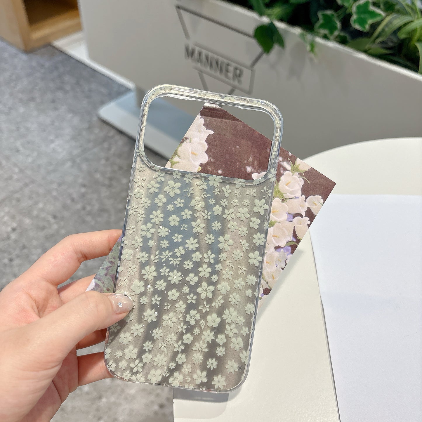 Elegant White Floral iPhone Case with Pearl Wrist Strap | Clear Protective Phone Cover