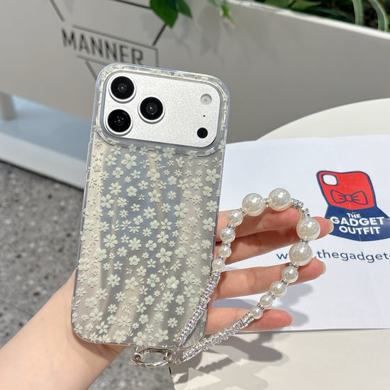 Elegant White Floral iPhone Case with Pearl Wrist Strap | Clear Protective Phone Cover