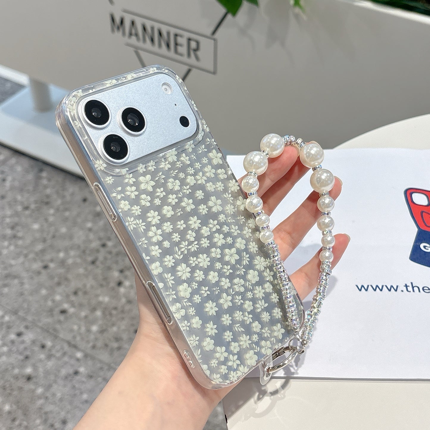 Elegant White Floral iPhone Case with Pearl Wrist Strap | Clear Protective Phone Cover