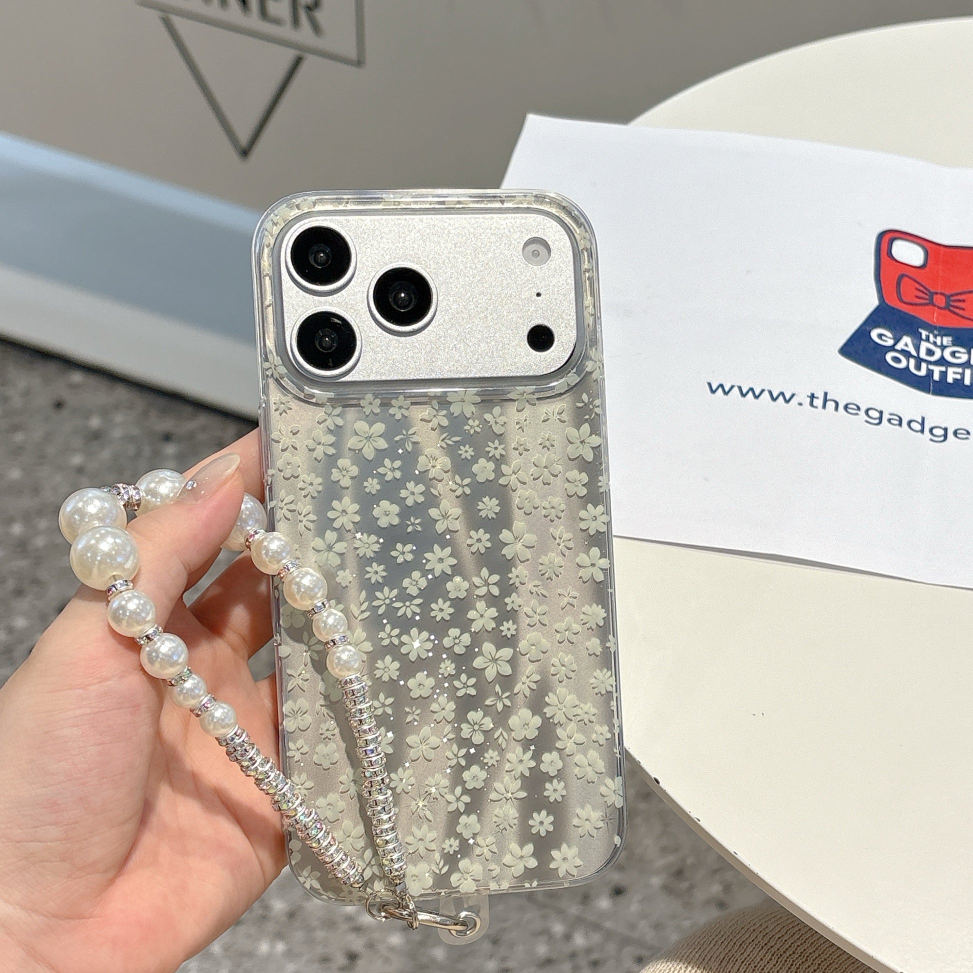 Elegant White Floral iPhone Case with Pearl Wrist Strap | Clear Protective Phone Cover