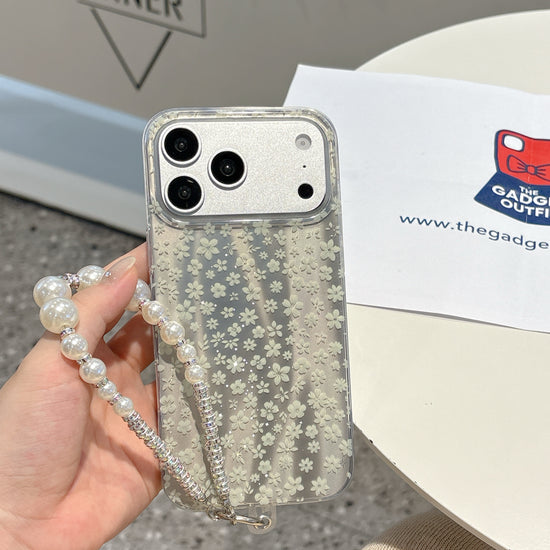 Elegant White Floral iPhone Case with Pearl Wrist Strap | Clear Protective Phone Cover