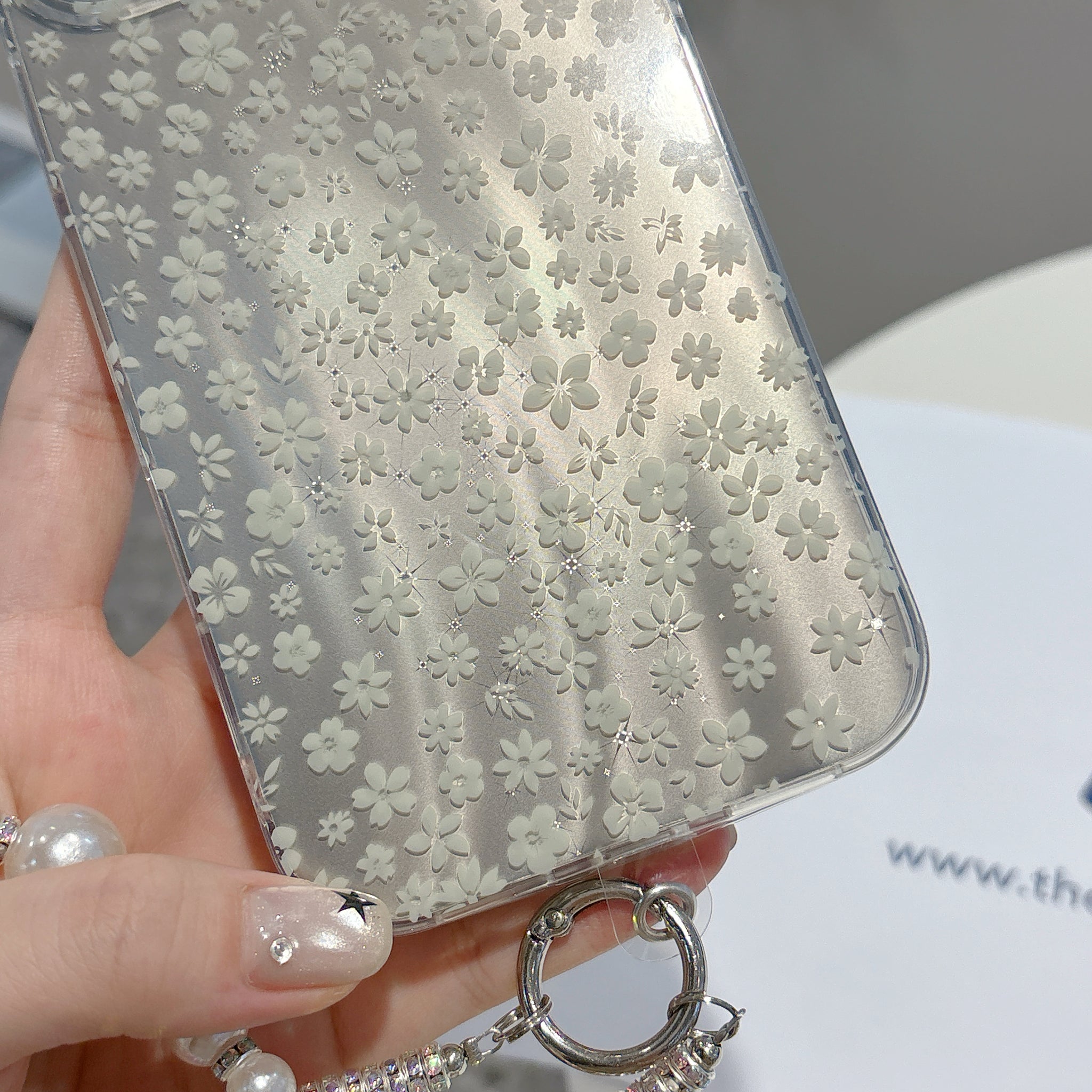 Elegant White Floral iPhone Case with Pearl Wrist Strap | Clear Protective Phone Cover