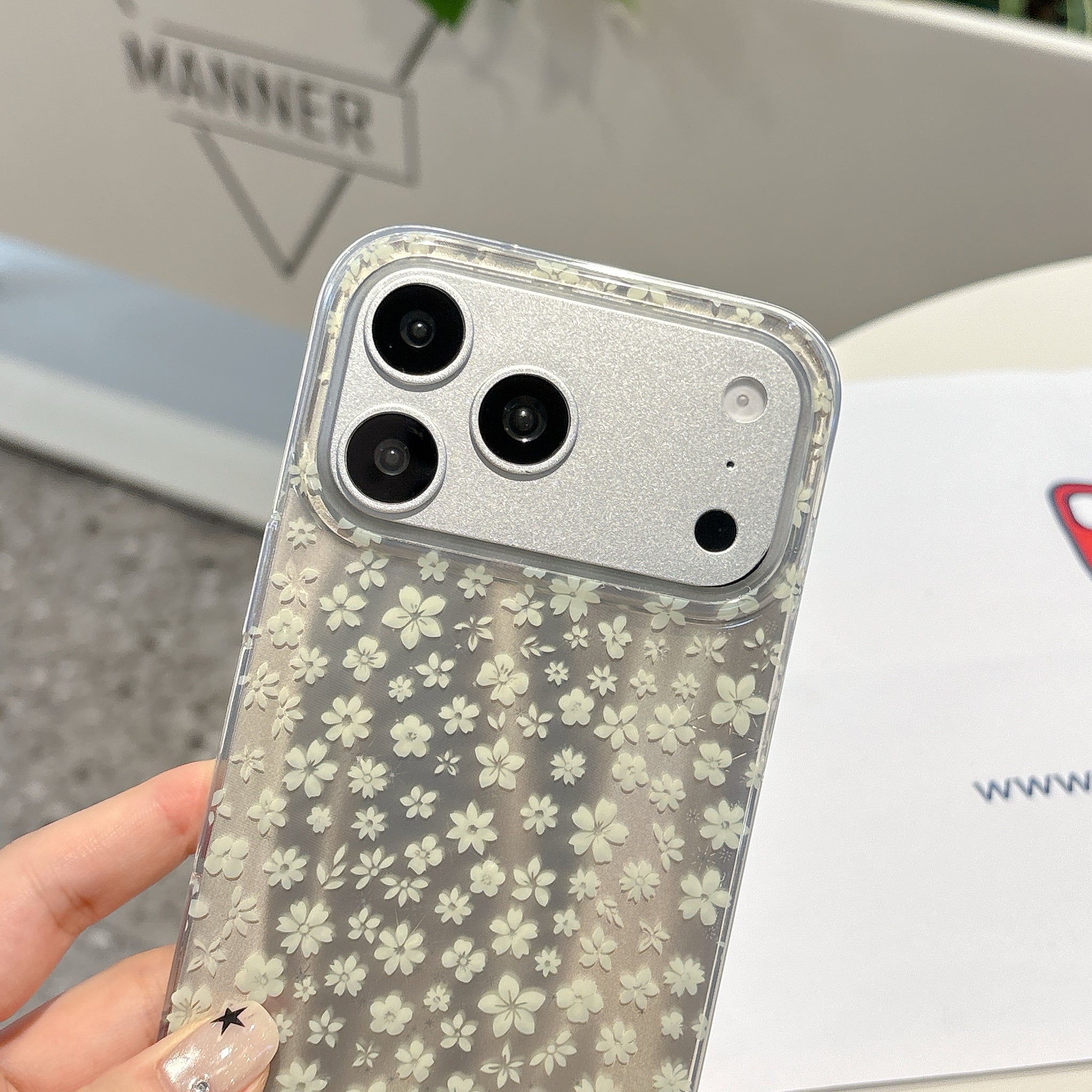 Elegant White Floral iPhone Case with Pearl Wrist Strap | Clear Protective Phone Cover