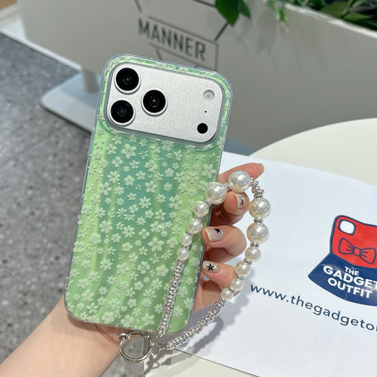 Fresh Green Floral iPhone Case with Pearl Wrist Strap | Cute Protective Cover
