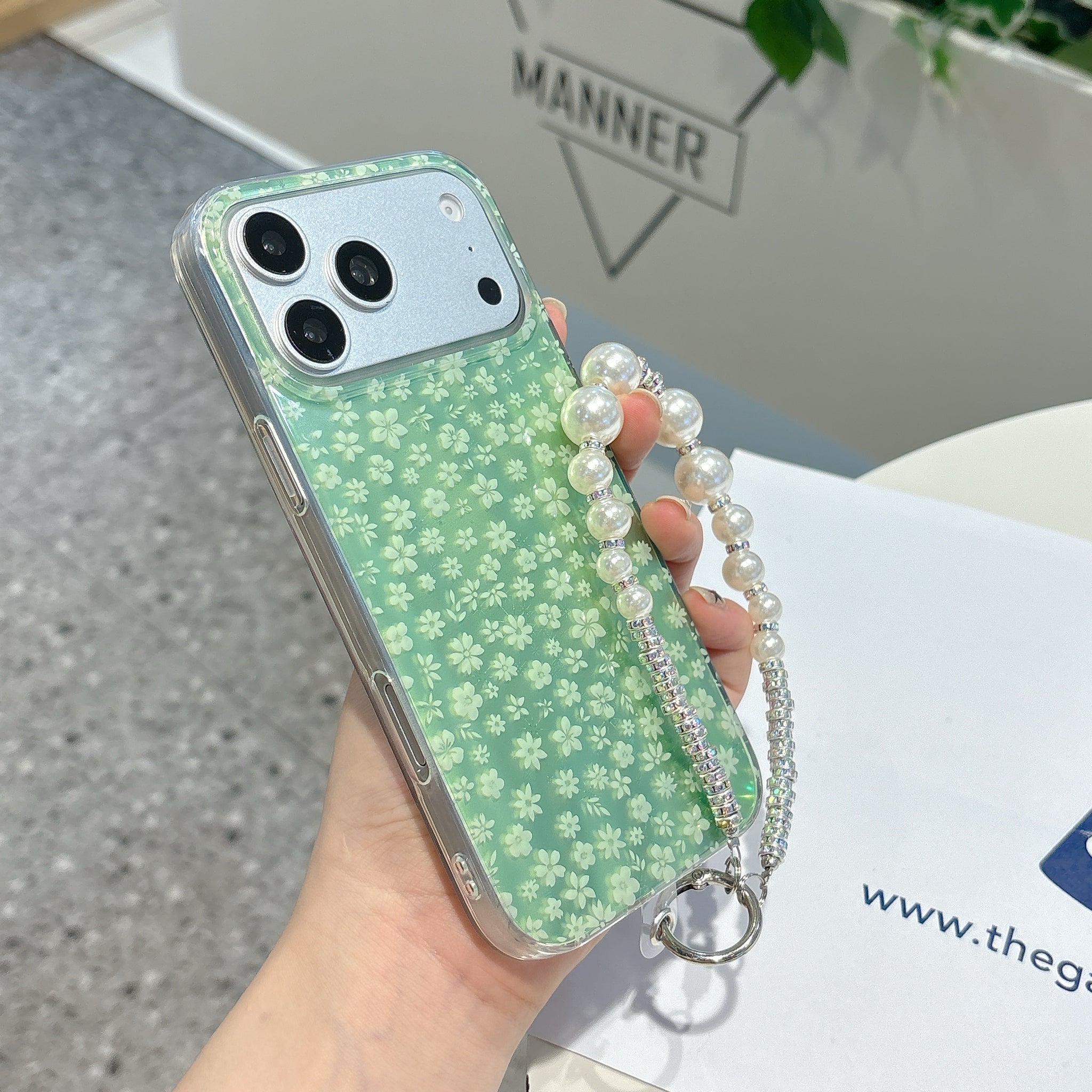 Fresh Green Floral iPhone Case with Pearl Wrist Strap | Cute Protective Cover