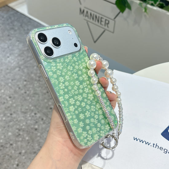 Fresh Green Floral iPhone Case with Pearl Wrist Strap | Cute Protective Cover
