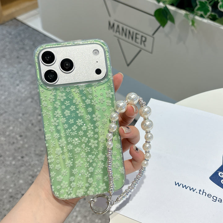 Fresh Green Floral iPhone Case with Pearl Wrist Strap | Cute Protective Cover