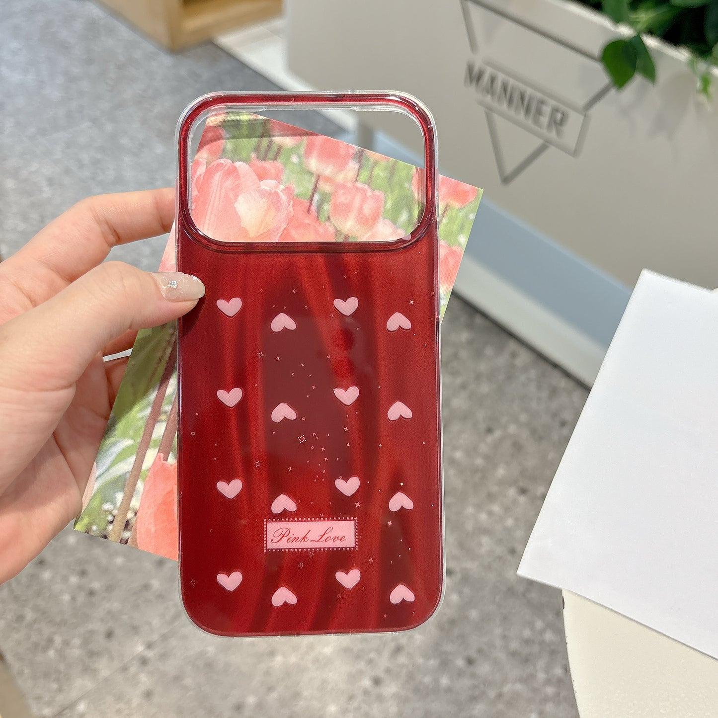 Ruby Heart Pearl Strap iPhone Case – Glossy Red Cute Phone Cover