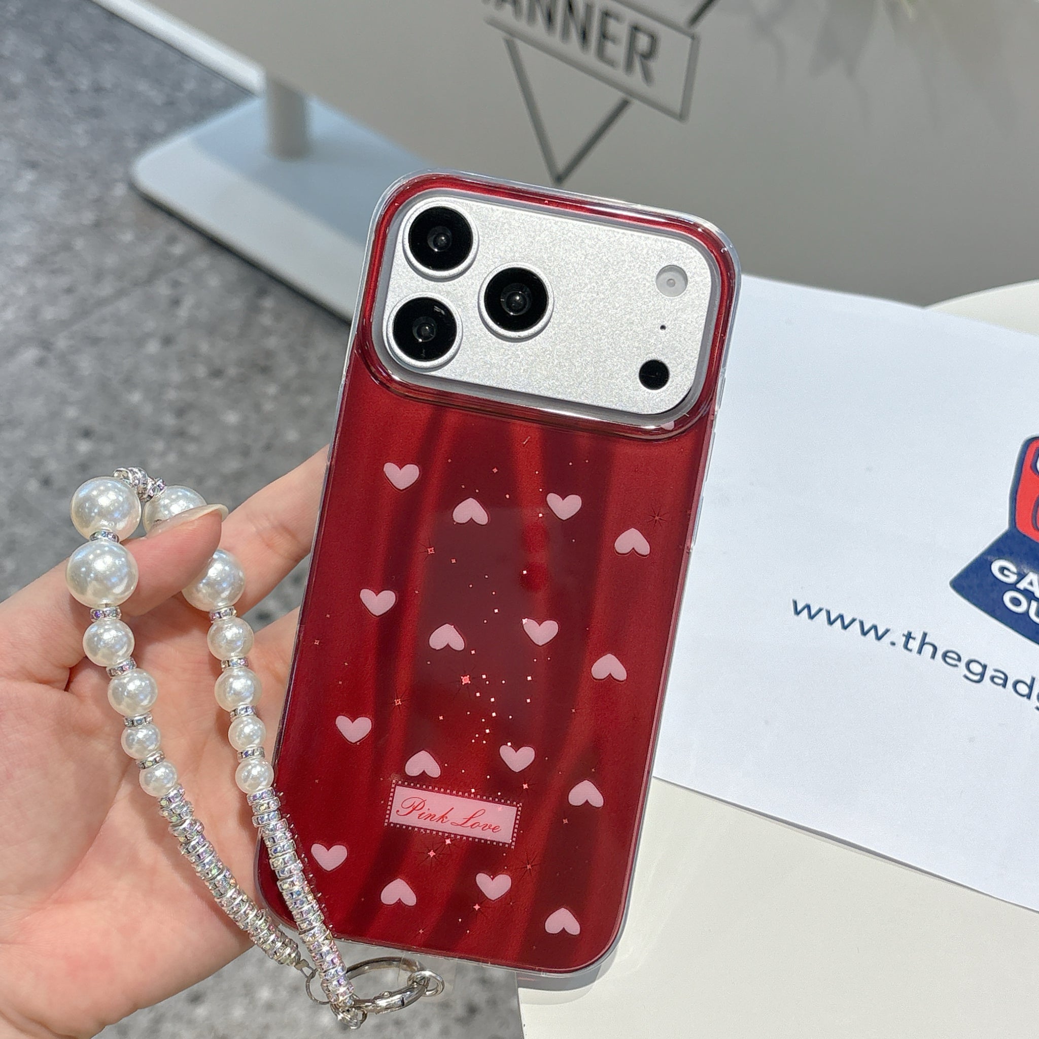 Ruby Heart Pearl Strap iPhone Case – Glossy Red Cute Phone Cover