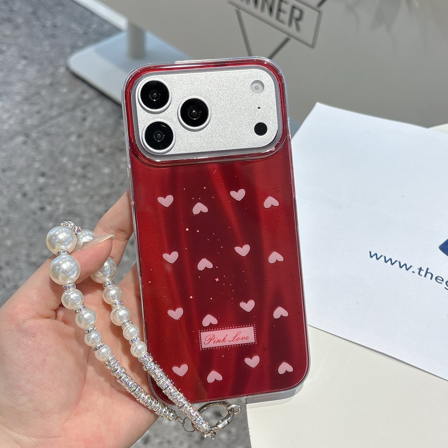 Ruby Heart Pearl Strap iPhone Case – Glossy Red Cute Phone Cover