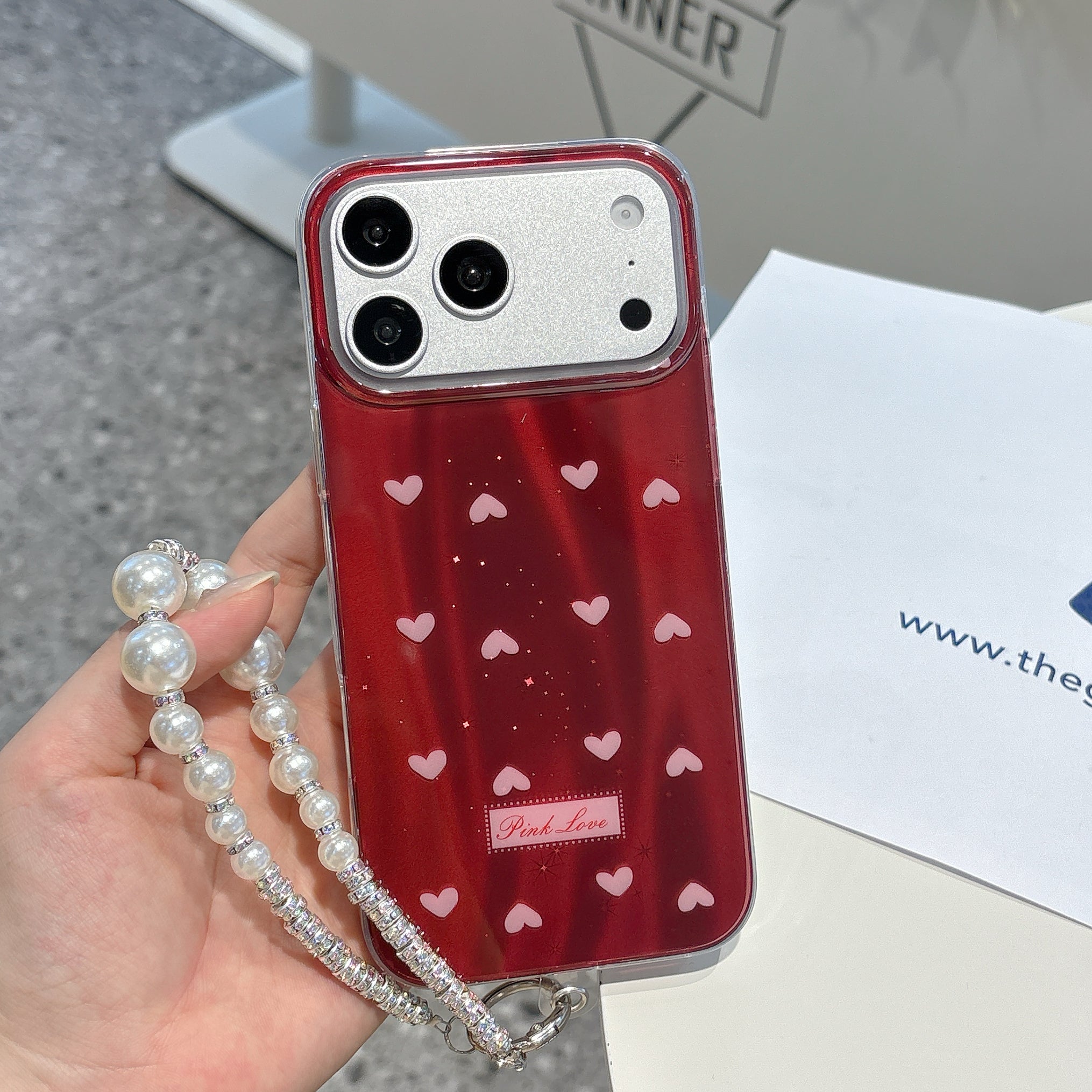Ruby Heart Pearl Strap iPhone Case – Glossy Red Cute Phone Cover