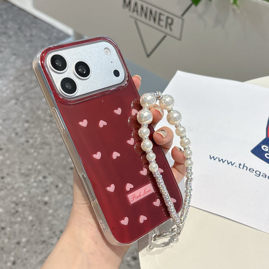 Ruby Heart Pearl Strap iPhone Case – Glossy Red Cute Phone Cover