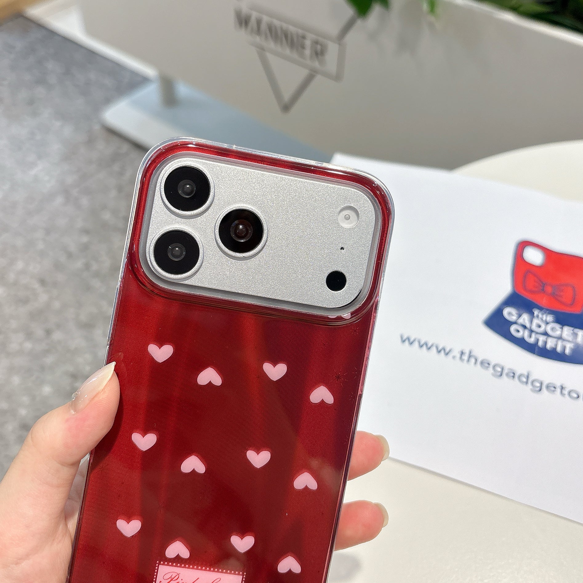Ruby Heart Pearl Strap iPhone Case – Glossy Red Cute Phone Cover