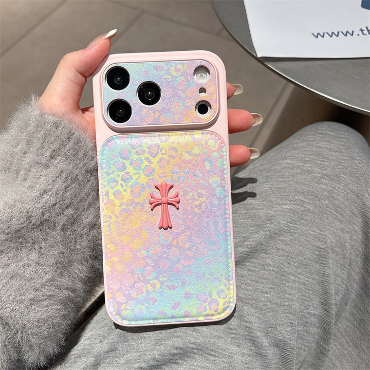 Rainbow Pastel Leopard Print Case with Detail—Designer iPhone Leather Cover
