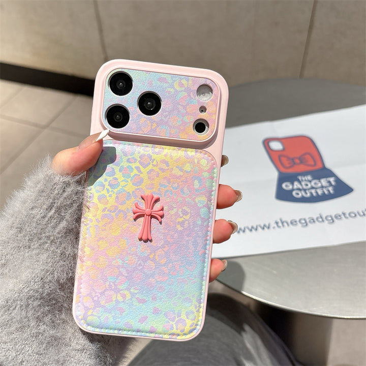 Rainbow Pastel Leopard Print Case with Detail—Designer iPhone Leather Cover