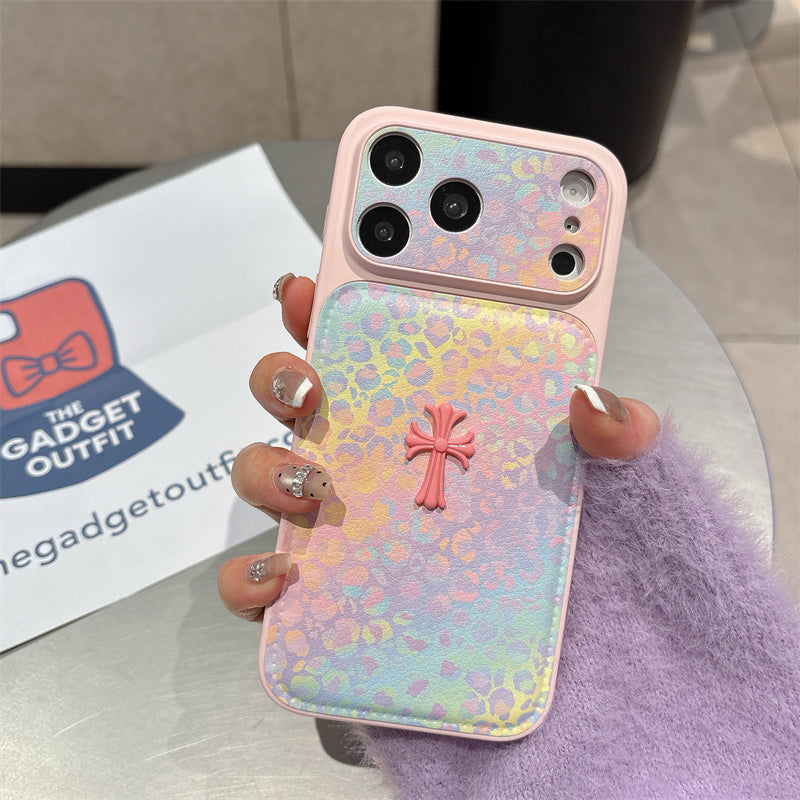 Rainbow Pastel Leopard Print Case with Detail—Designer iPhone Leather Cover