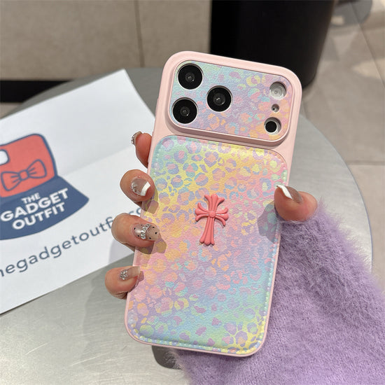 Rainbow Pastel Leopard Print Case with Detail—Designer iPhone Leather Cover