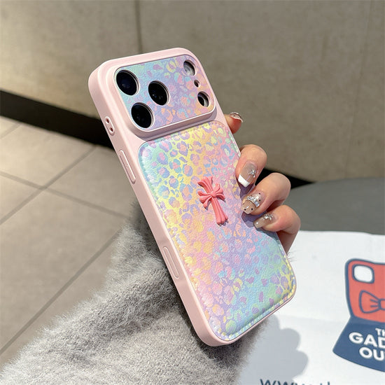Rainbow Pastel Leopard Print Case with Detail—Designer iPhone Leather Cover