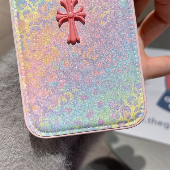 Rainbow Pastel Leopard Print Case with Detail—Designer iPhone Leather Cover