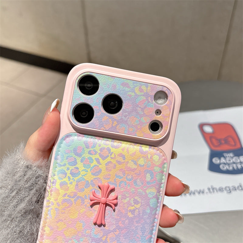 Rainbow Pastel Leopard Print Case with Detail—Designer iPhone Leather Cover
