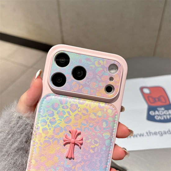 Rainbow Pastel Leopard Print Case with Detail—Designer iPhone Leather Cover