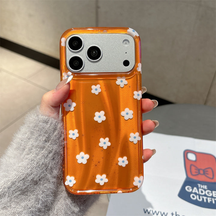 Bright Orange Floral iPhone Case - Cute White 3D Daisy Pattern Sparkle Cover