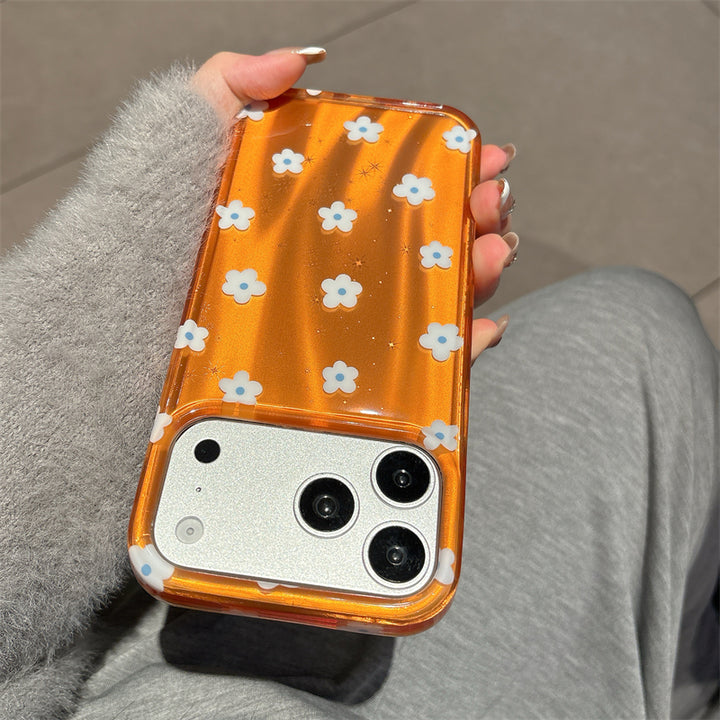 Bright Orange Floral iPhone Case - Cute White 3D Daisy Pattern Sparkle Cover