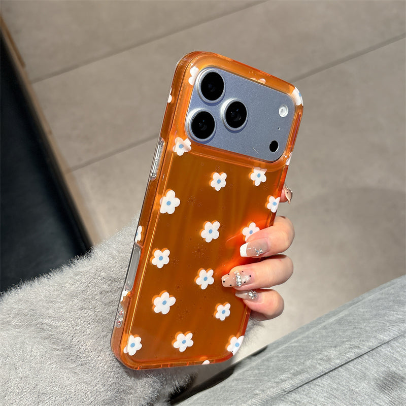 Bright Orange Floral iPhone Case - Cute White 3D Daisy Pattern Sparkle Cover