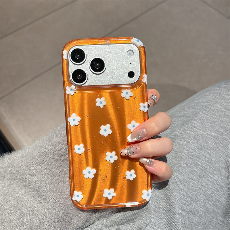Bright Orange Floral iPhone Case - Cute White 3D Daisy Pattern Sparkle Cover