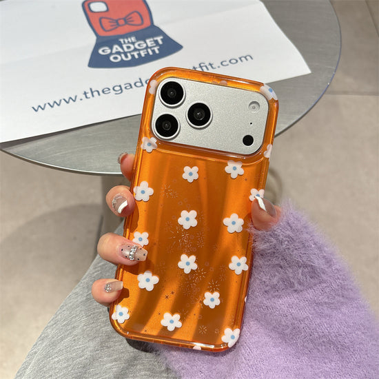 Bright Orange Floral iPhone Case - Cute White 3D Daisy Pattern Sparkle Cover