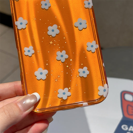 Bright Orange Floral iPhone Case - Cute White 3D Daisy Pattern Sparkle Cover