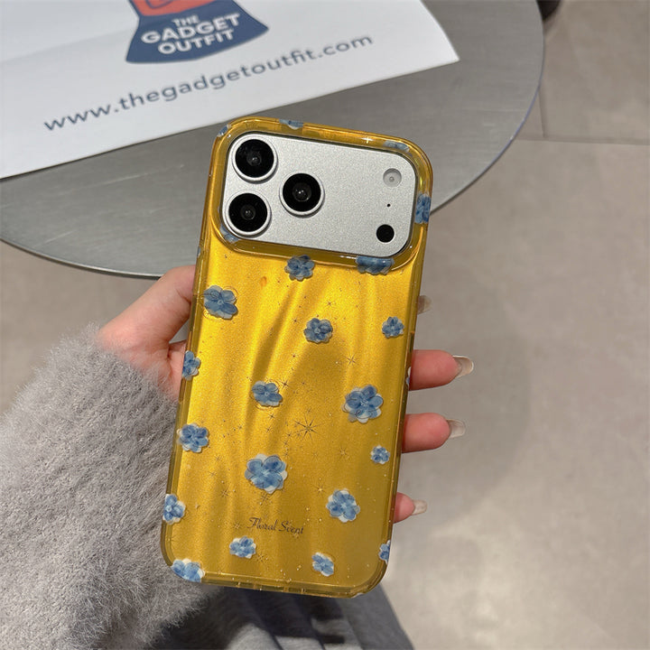Luxury Glitter Yellow Case for iPhone with 3D Blue Flowers—Shockproof Camera Protection