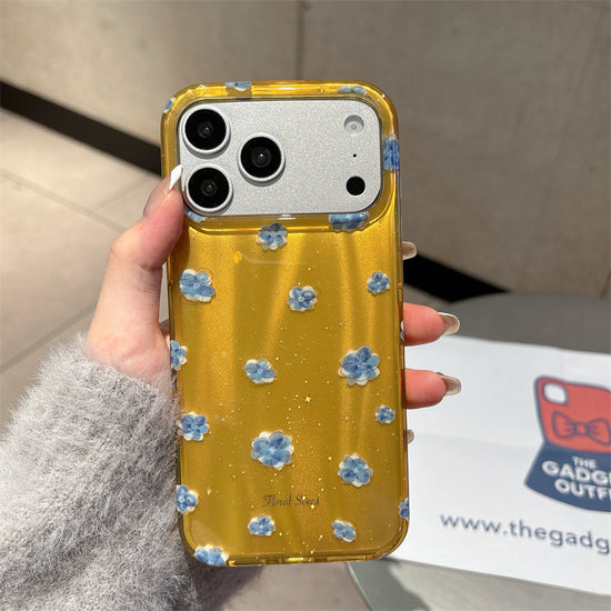 Luxury Glitter Yellow Case for iPhone with 3D Blue Flowers—Shockproof Camera Protection