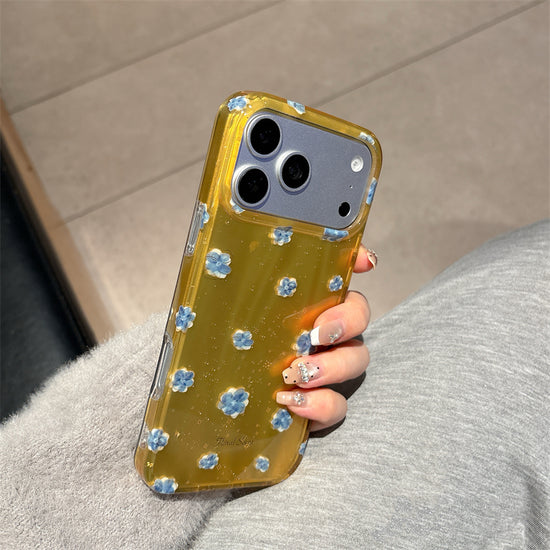Luxury Glitter Yellow Case for iPhone with 3D Blue Flowers—Shockproof Camera Protection