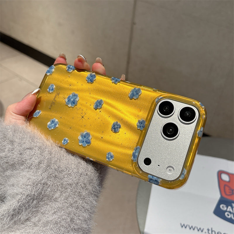 Luxury Glitter Yellow Case for iPhone with 3D Blue Flowers—Shockproof Camera Protection